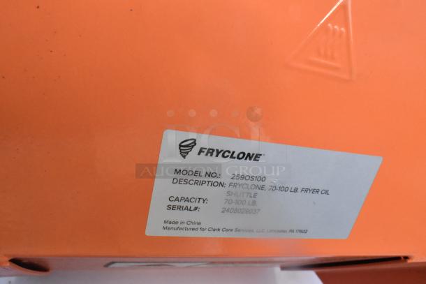 "Fryclone 259OS100 Fryer Oil Shuttle, 70-100 lb capacity, new with scratches and dents, labeled for Clark Core Services, PA."