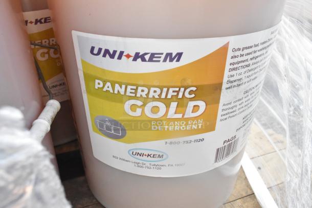 Uni-kem Panerrific Gold pot and pan detergent jug. Clear label with usage instructions and contact details. Multiple items available.