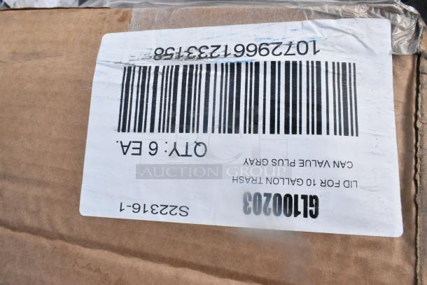 Cardboard box with barcode label showing item number GT100203, lid for 10-gallon trash can, and quantity: 6 EA.