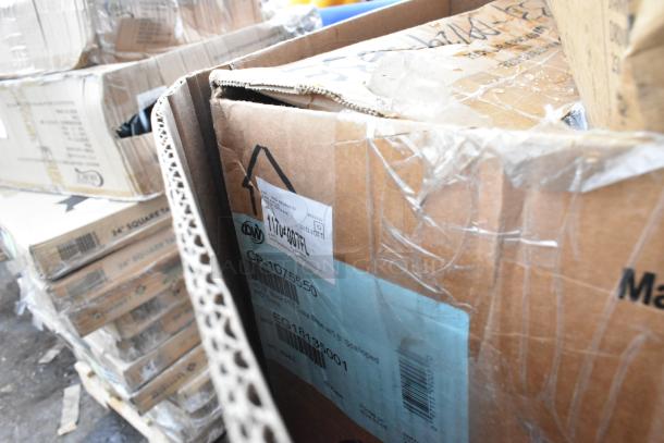 Cardboard boxes containing 12 brand new scratch and dent items including DART 12BWWQR bowls, trash cans, and DW CP-1075550 pet cake bases.