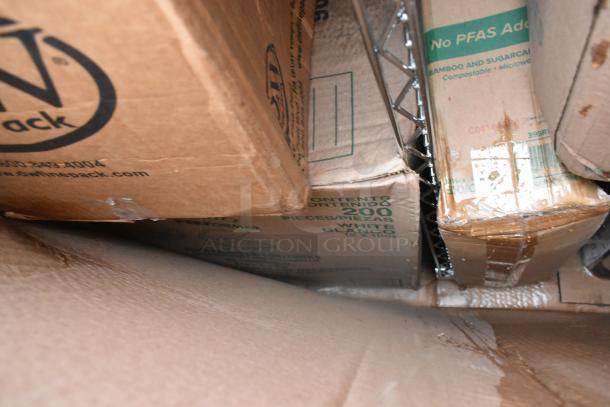 12 brand new scratch and dent items, including Dart 12BWWQR bowls, black poly trash cans, DW CP-1075550 pet cake base.