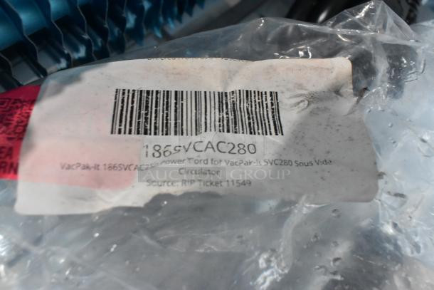 VacPak-It 186SVCAC280 power cord label for Sous Vide Circulator, shown on packaged new item.