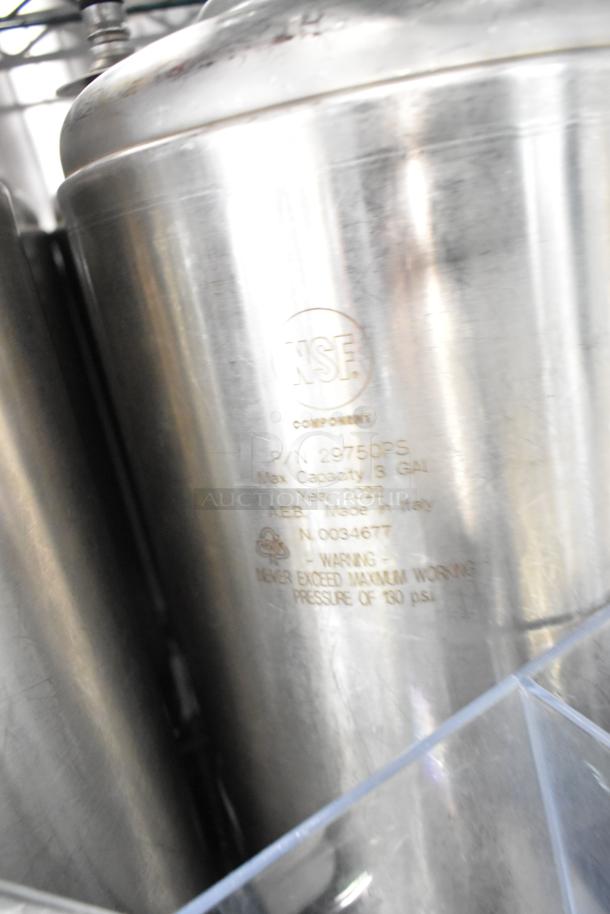 Two-tier lot with various items including poly bins, lids, hoppers, and a 3-gallon stainless steel keg, NSF labeled.