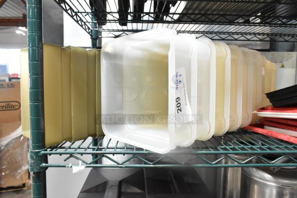 Two-tier shelf with poly bins and lids, auction tag "209" visible. Includes hoppers and kegs, potential bulk purchase.