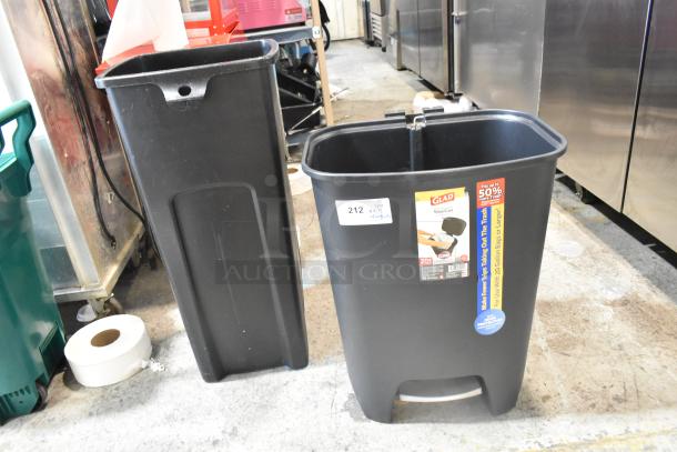 Two black Glad Poly Trash Cans, includes step pedal, fits 20-gallon bags, label reads "Step Can". Condition: Good.