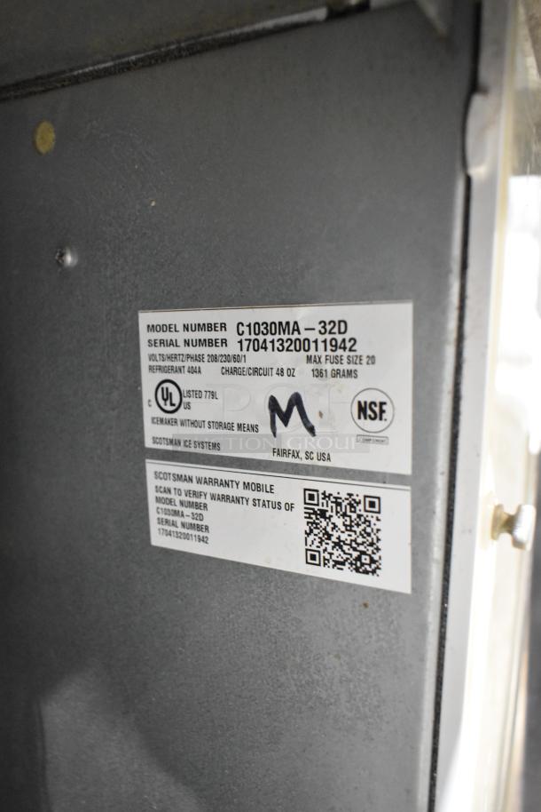 2017 Scotsman C1030MA-32D ice head label shows model, serial number, voltage, and certifications. Stainless steel, 208/230V, 1 phase.