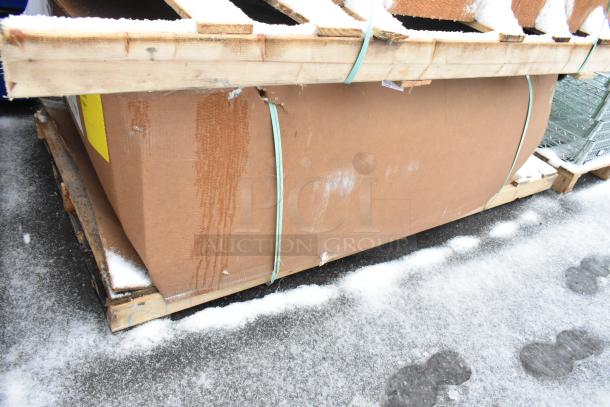 Brand new 3 compartment recycle bin, model 100635260, in original packaging with visible scratches and dents.