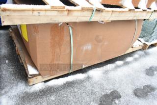 Brand new 3 compartment recycle bin, model 100635260, in original packaging with visible scratches and dents.