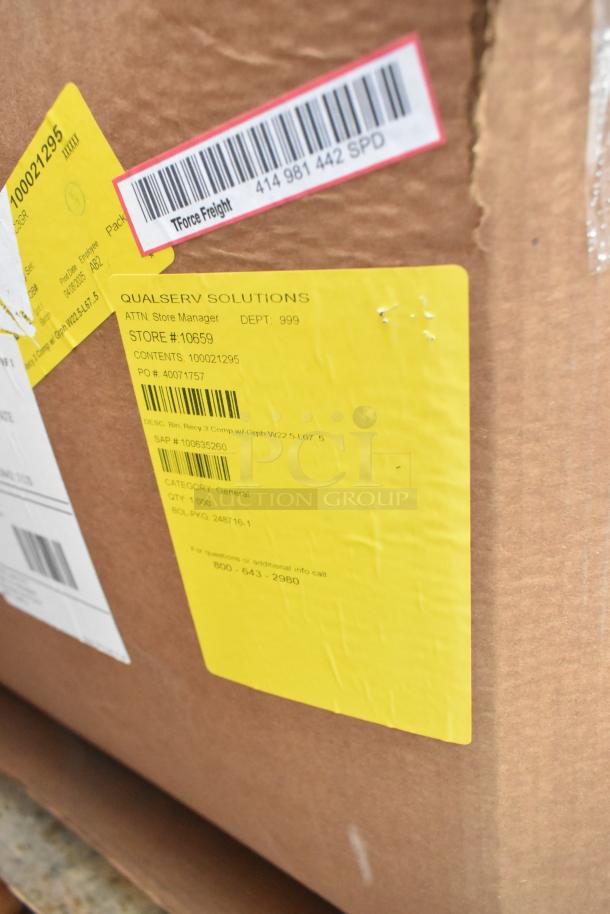 Brand new 3 compartment recycle bin, model 100635260, scratch and dent condition. Labels show shipping details.