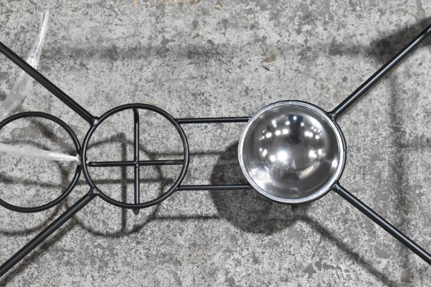 Brand new Acopa 407PLSTNDFL wrought iron pillar chafer stand, 8 qt., full size, minor scratches and dents visible.