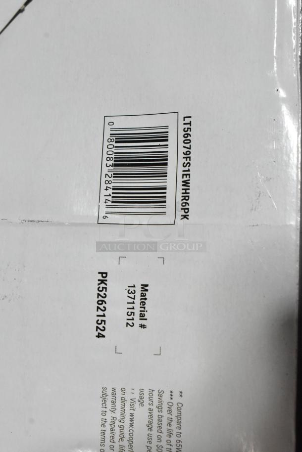 Halo LT56079FS1EWHR6PK white 6-inch LED recessed downlight, new in box. Box shows barcodes and material number 13711512.