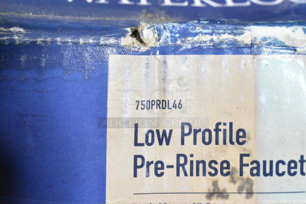 Brand new Waterloo 750PRDL46 low profile pre-rinse faucet box with 1.15 GPM flow, scratch and dent condition visible.