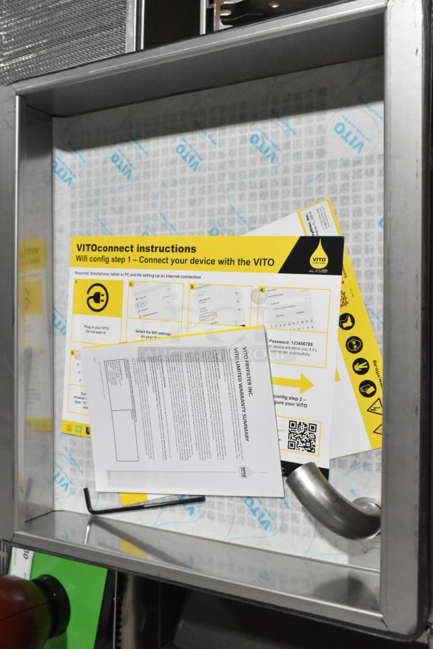 Brand new Vito VITO XM fryer oil filter system with commercial casters. Includes Vitoconnect instructions and warranty details.