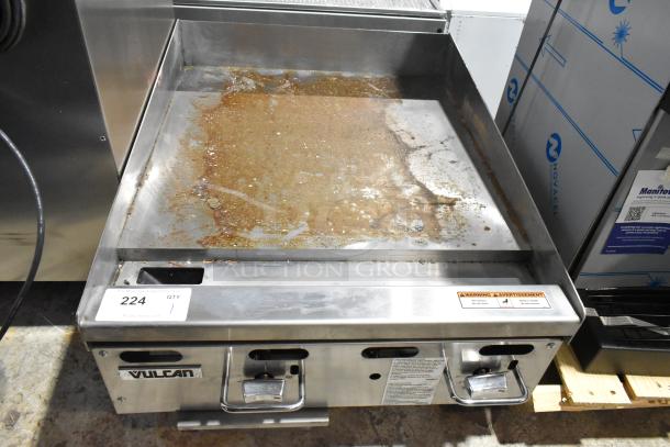 Vulcan VMG24-102 stainless steel 24" propane griddle, manual controls, 54,000 BTU, scratch and dent condition, label visible.