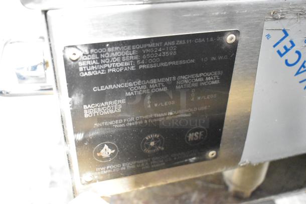 Vulcan VMG24-102 stainless steel griddle, 24" countertop, manual controls, 54,000 BTU, liquid propane. Brand new, scratch and dent condition.