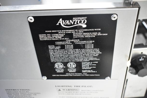 Avantco 177FBF1824LP stainless steel propane fryer label, 90,000 BTU, 125 lb. capacity, ETL certified, model details visible.