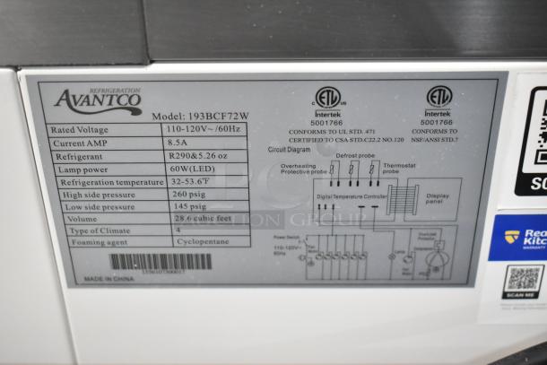 Avantco Refrigerated Bakery Display Case, Model 193BCF72W, 110-120V, scratch and dent, square glass, white, 28.6 cu ft.