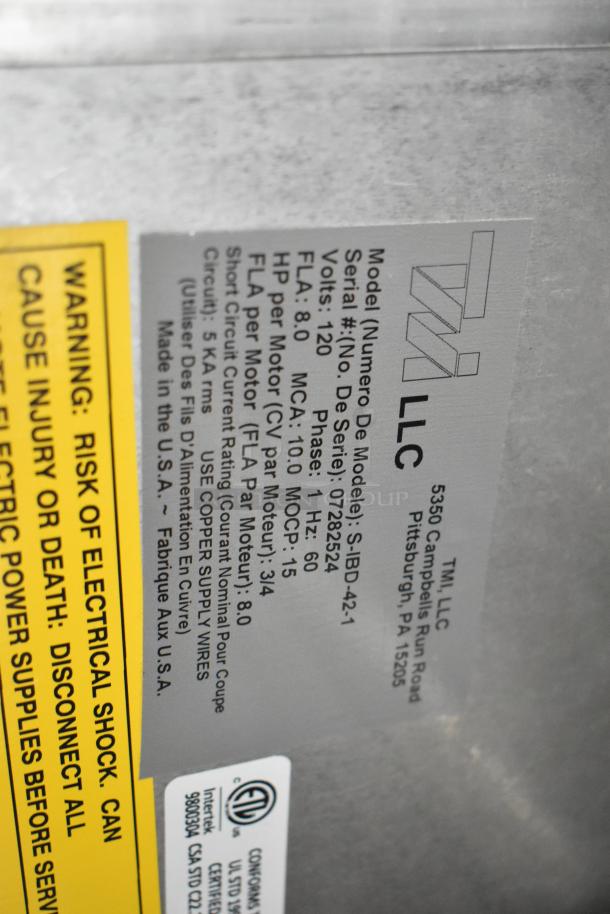 BRAND NEW SCRATCH AND DENT Curtron S-IBD-42-1 air curtain; 120V, 1 Phase. Label shows model, serial number 0782524, warnings.