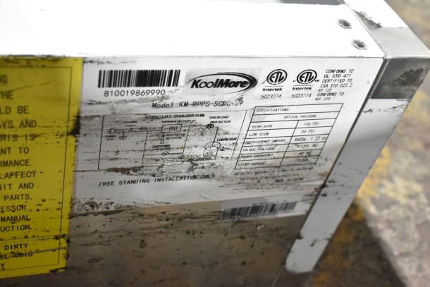 KoolMore KM-RPPS-SCDC-59 Stainless Steel Commercial Refrigerated Rail, new scratch and dent, 115V, 1 Phase, model details visible.