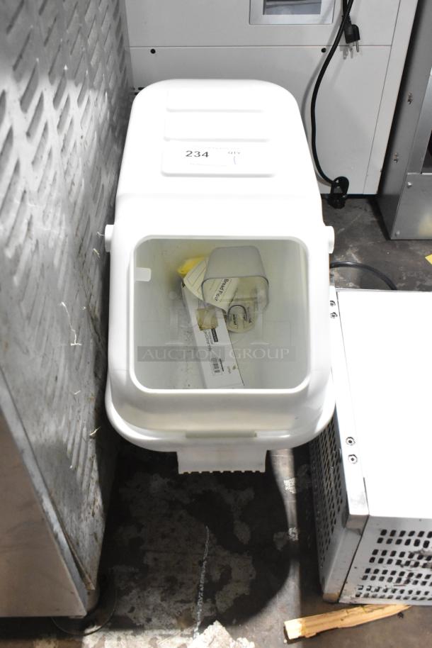 White poly ingredient bin with a clear lid, labeled "234 QTY." Clean condition, ideal for kitchen storage.