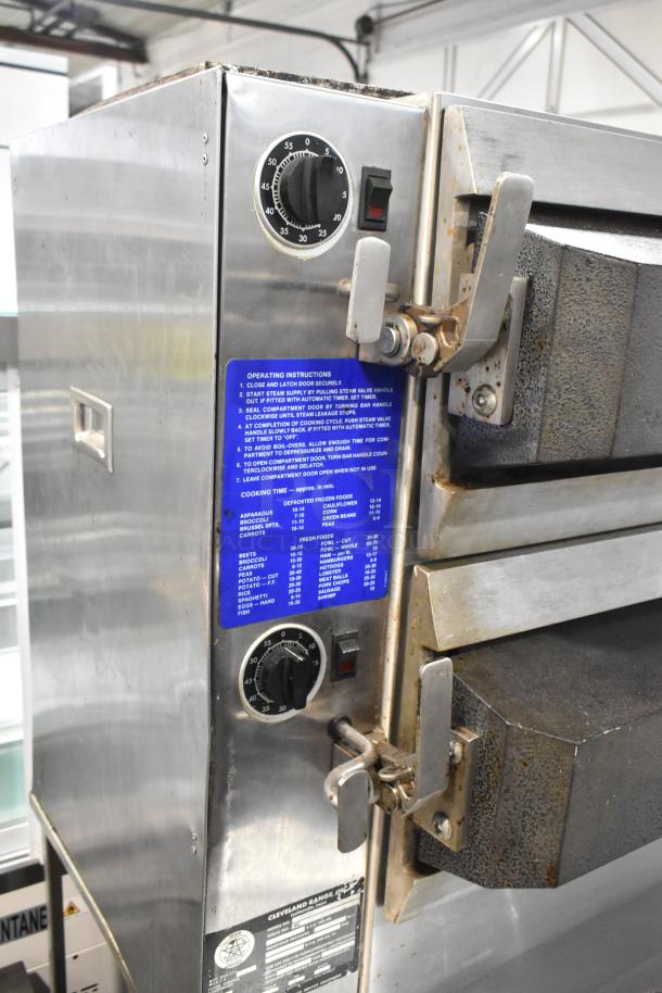 Cleveland PGM2002 Stainless Steel 2 Deck Pressure Steamer, natural gas, 200,000 BTU; dial, blue instruction plate visible.