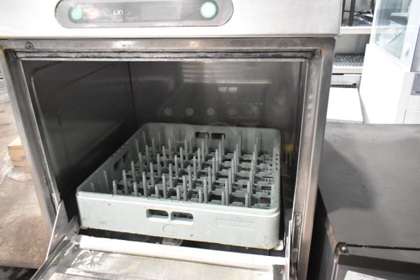 Hobart LXIH stainless steel undercounter dishwasher, open with rack inside. 120/208-240V, 1 phase, good condition. Model LXIH.