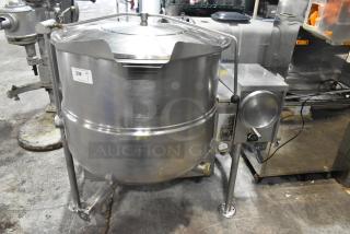 Cleveland KGL-60T stainless steel 60-quart steam kettle, excellent condition, visible control panel, floor model.