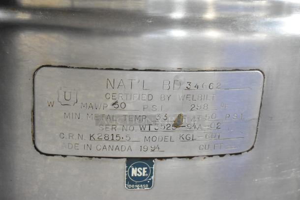 Cleveland KGL-60T Commercial 60 Qt Steam Kettle, stainless steel, NSF certified, model and serial number plate visible.