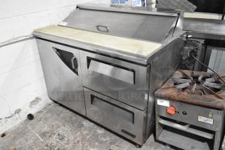 Turbo Air TST-48SD-D2 stainless steel prep table with bain marie top, two drawers, and commercial casters. 115V, 1 phase.