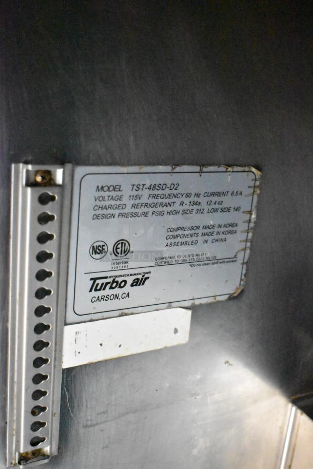 Turbo Air TST-48SD-D2 stainless steel prep table label, 115V, 1 phase, R-134a refrigerant, commercial casters, Bain Marie top.