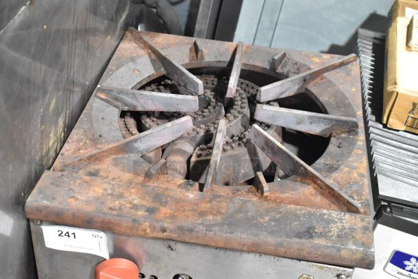 Stainless steel commercial gas-powered single burner stock pot range, showing signs of rust. Auction tag "241" visible.