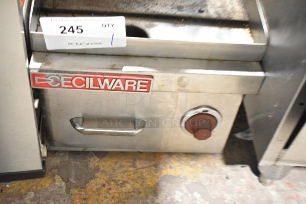 Cecilware stainless steel commercial countertop electric griddle with flat top, visible logo, dial control, and numbered auction tag.