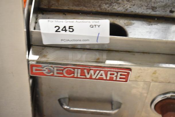 Cecilware stainless steel countertop electric griddle, showing label and auction tag indicating item number 245.