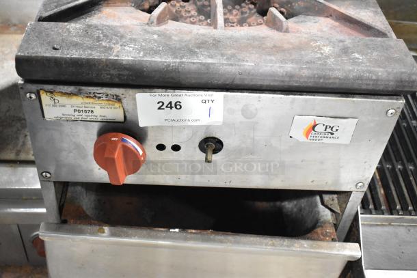 Cooking Performance Group CPGSP-18-2-N stainless steel single burner stock pot range, natural gas, used condition.