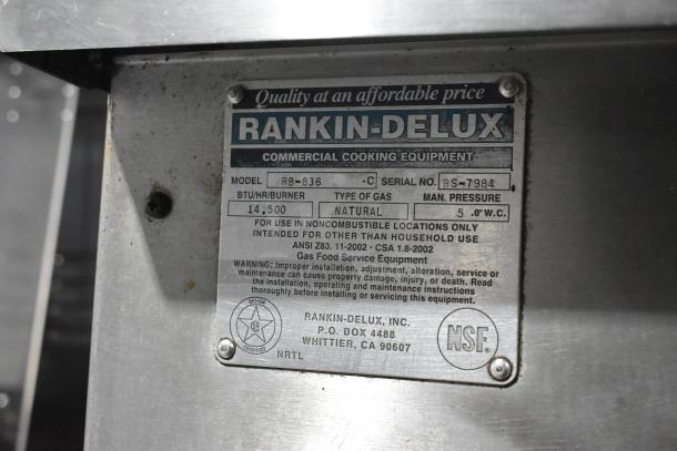 Rankin Delux RB-836 stainless steel charbroiler grill label, model RB-836, natural gas, 14,500 BTU/hr, NSF certified.