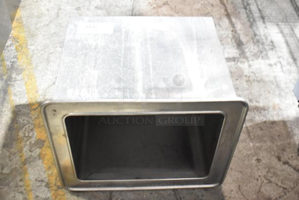 Stainless steel drop-in ice bin in good condition, features a seamless design with a spacious interior, perfect for bar use.