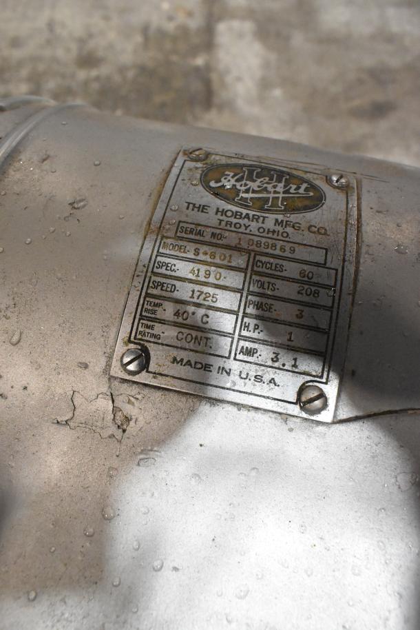Hobart S-601 60 Quart Planetary Dough Mixer, metal, serial no. 1089869, 208V, 3-phase, worn with visible rust, Made in USA.