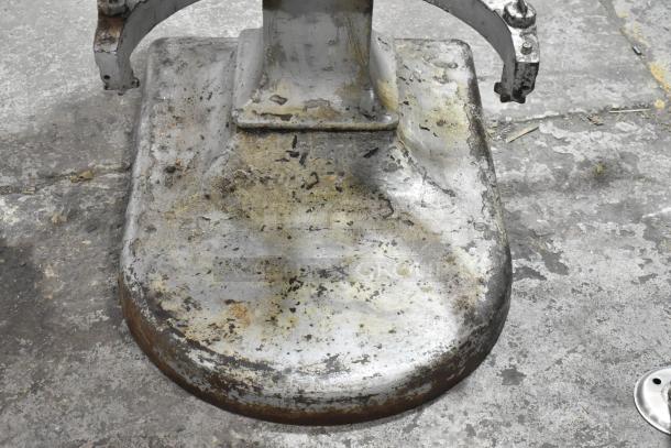 Hobart S-601 metal 60-quart commercial dough mixer base, showing wear and patina indicative of use.