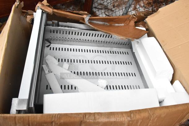Box of two brand new PICL1-TR-HC stainless steel prep table drawers. Some packaging damage visible.