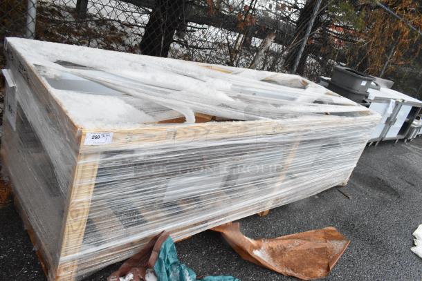 Regency 600S32424224 stainless steel 3 bay sink with dual drain boards, no legs, wrapped in plastic, new with scratches.