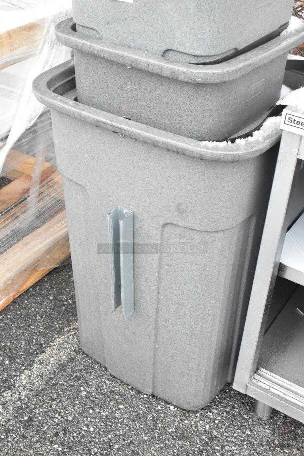 Three brand new gray poly trash cans, slightly scratch and dented. Durable construction, suitable for outdoor use.