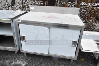 BRAND NEW Steelton 522EBTB3048D 30"x48" 18-gauge Type 430 stainless steel table with sliding doors, midshelf, 6" backsplash.