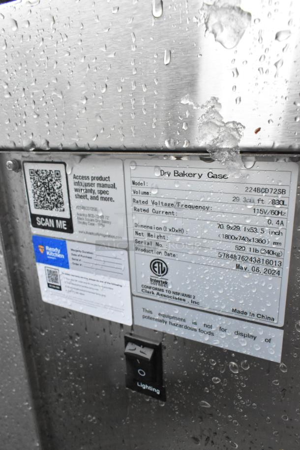 Avantco 224BCD72SB 72" dry bakery display case label, showing model, volume, voltage, dimensions, and manufacturing info.