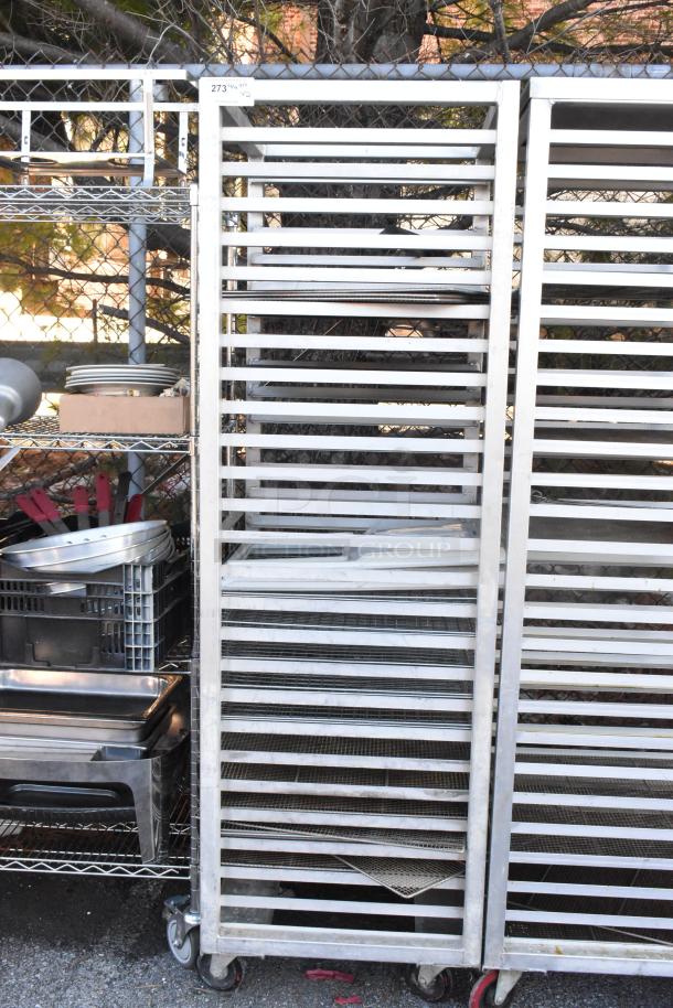 2 metal commercial pan transport racks on casters, sturdy construction, ideal for kitchens. Auction tag reads "273".