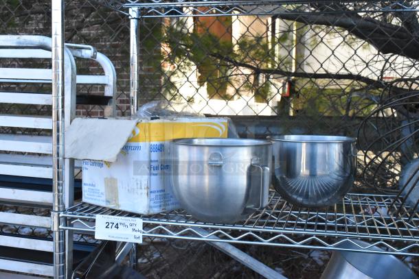 Chrome finish 4-tier wire shelving unit with chafer, mixing bowls, whisk attachments, skillets. Buyer dismantle required.