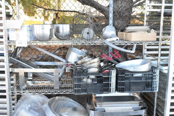 Chrome finish 4-tier wire shelving unit filled with chafers, mixing bowls, whisks, and skillets, tag reads "274 w/L qty."