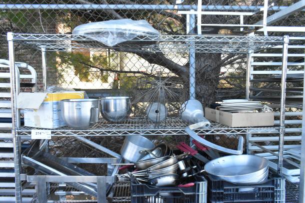 Chrome finish 4-tier wire shelving unit with chafer, mixing bowls, whisk attachments, skillets. Buyer must dismantle.