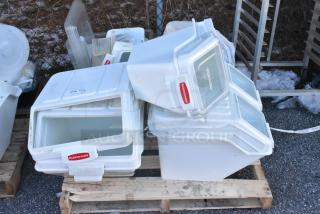 9 items including 4 Rubbermaid white poly ingredient bins and metal drop-in bins. Bins appear in used condition.