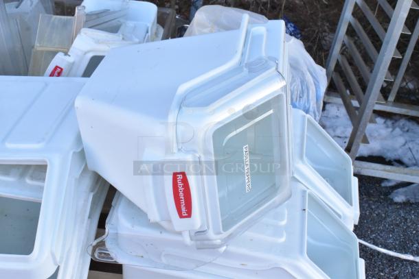 Four Rubbermaid white poly ingredient bins, each with a clear lid labeled "PASILLA PEPPERS." Includes metal drop-in bins.