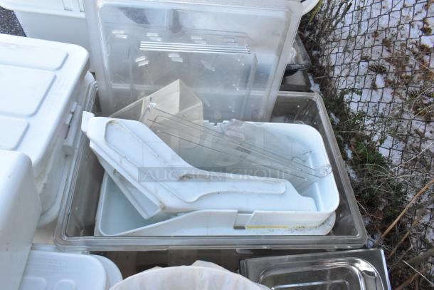 9 mixed items including 4 Rubbermaid white poly ingredient bins, metal drop-in bins, various conditions.